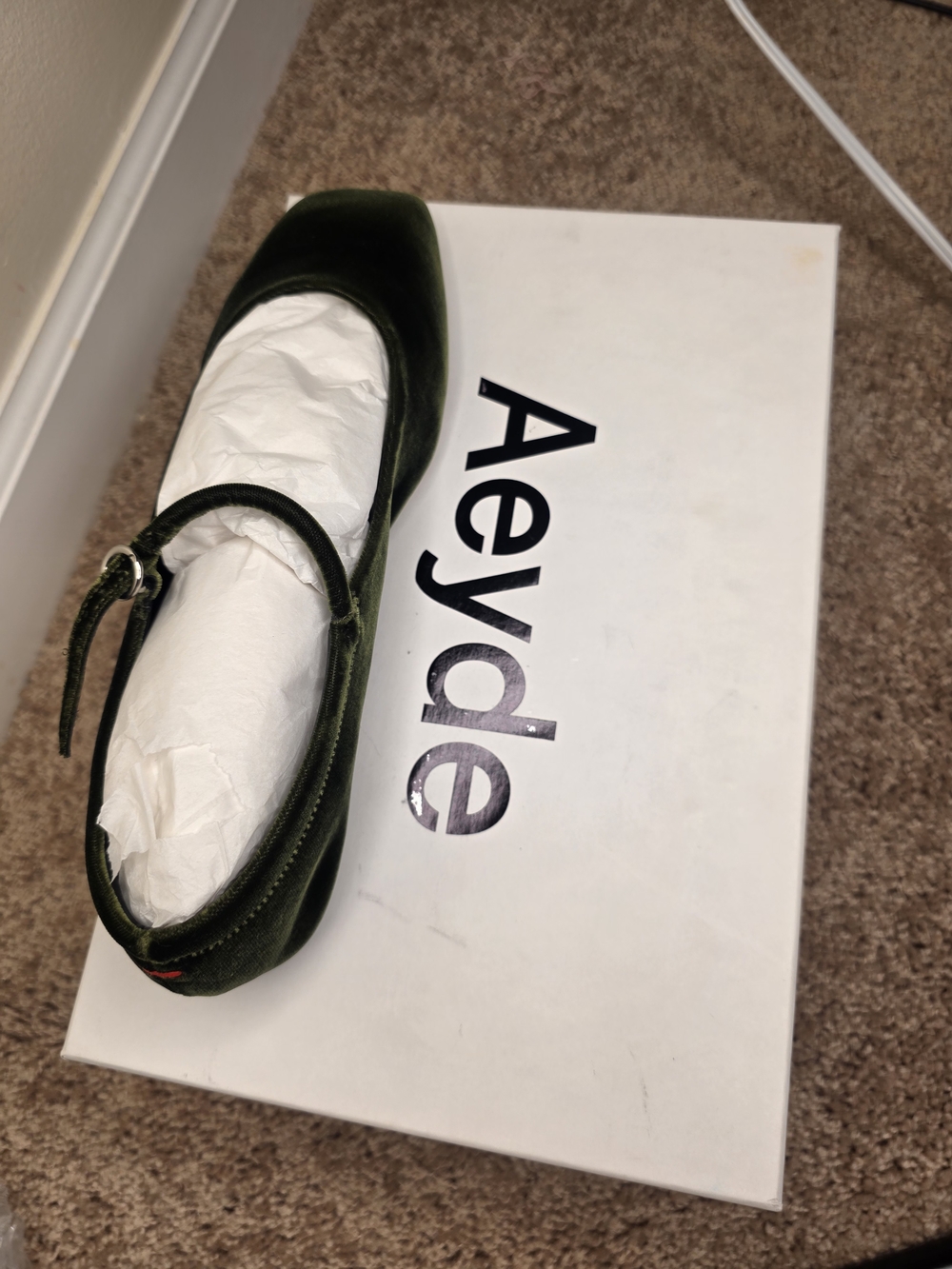 Aeyde Olive Green Velvet Mary Jane Flat